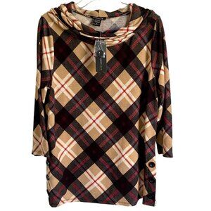 Robert Louis Plaid Tunic Top Cowl Neck Pullover Size Medium NEW NWT